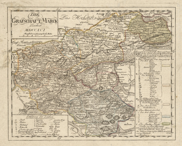 Ein detaillierter, alter Stadtplan von München, Deutschland, mit Text, der Straßen, Parks, Flüsse und Berge in Blau-, Grün- und Gelbtönen zeigt, eingerahmt von einem dekorativen Rand.