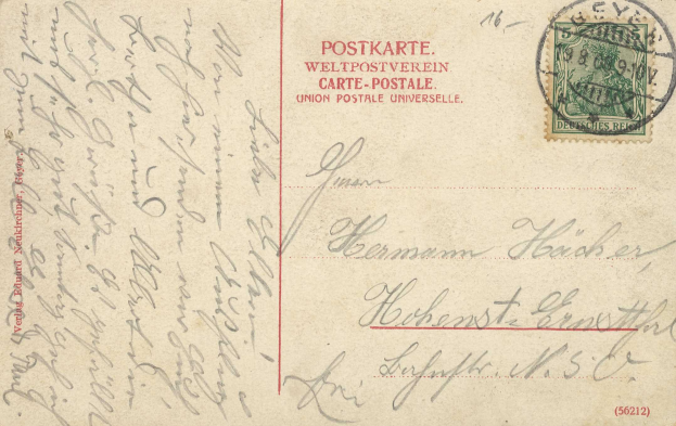Alte Postkarte mit einem deutschen Briefmarken, versendet von Deutschland nach Deutschland, mit dem Text "Postkarte Weltpostverein" und "Union Postale Universelle"