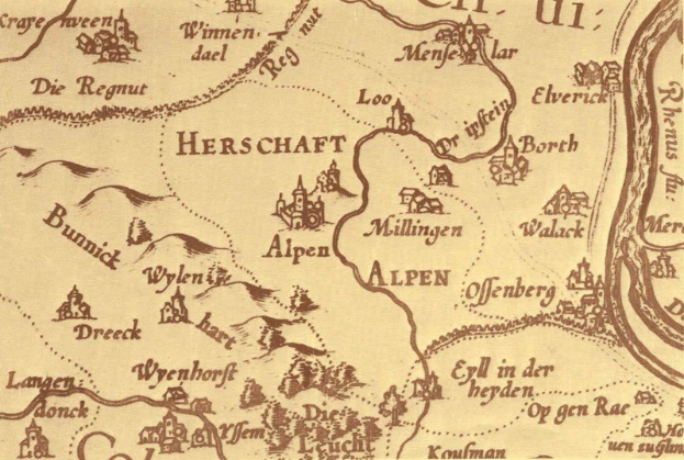 Ein altes Stadtplan von Herschaft, Deutschland, der Straßen, Gebäude, Bäume und andere Stadtmerkmale sowie begleitenden Text und Illustrationen zeigt.