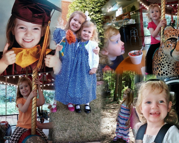 Ein Collage mit Vergnügungspark-Fahrgeschäften, einem Tisch mit Essensartikeln einschließlich einer Tasse und einem Löffel, verschiedenen Gegenständen, Lichtern, einer Wand, Büschen, Bäumen, Gras, einem Seil und einem Hut.