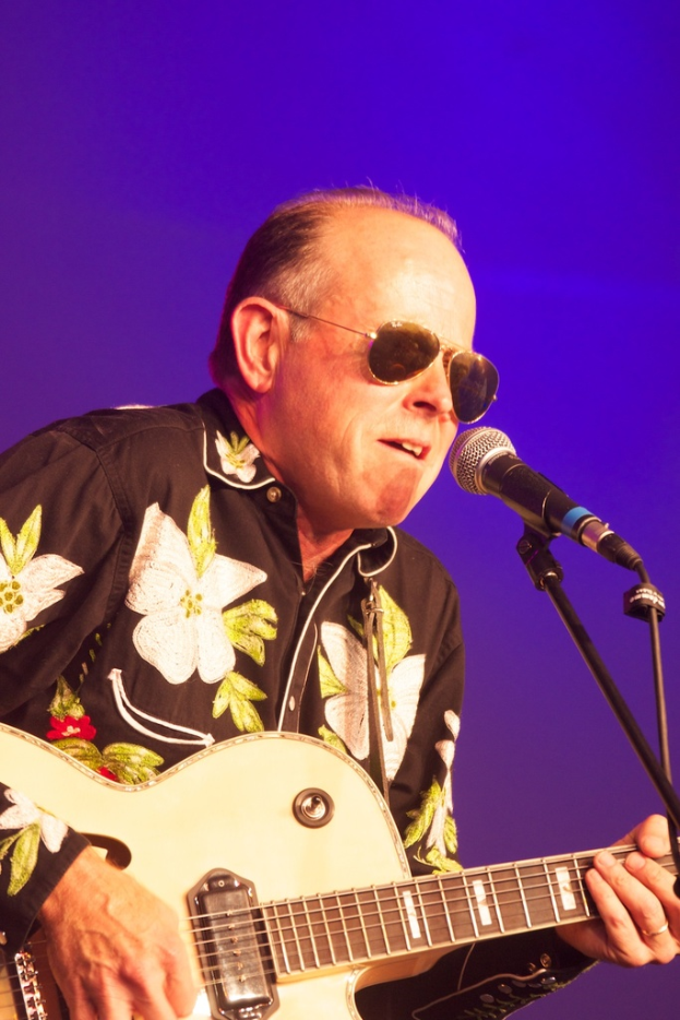 Ein Mann singt in ein Mikrofon und spielt Gitarre.