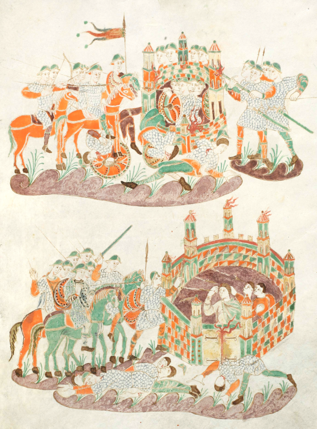 Eine mittelalterliche Manuskriptseite, die eine Kampfszene mit Rittern zu Pferde zeigt, die mit Schwertern, Schilden, Bogen und Pfeilen bewaffnet sind, vor einer Burg mit grünem Gras, Bäumen und einem tiefblauen Himmel.