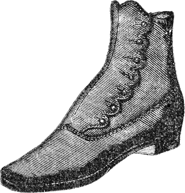 Eine Schwarz-Weiß-Zeichnung eines Paares klassischer Stiefel mit detaillierten Schnürsenkeln und einer sichtbaren Sohle, die einen gerundeten Zeh, einen niedrigen Absatz und eine ordentliche Schleife zeigt.