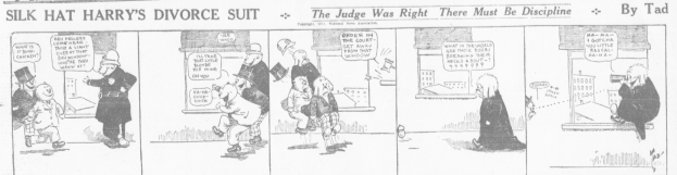 Cartoon-Illustration eines Mannes in einem schwarzen Anzug und einer Frau in einem eleganten Kleid mit einem schwarzen Schal, beide mit ernsten Gesichtern, beschriftet mit "Scheidungsklage."