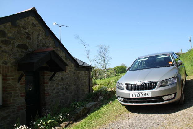 Eine Szene mit einem Haus, einem Zaun und verschiedenen Pflanzen und Bäumen auf der linken Seite und einem Auto, einem Strommast und mehr Vegetation auf der rechten Seite unter einem sonnigen Himmel.