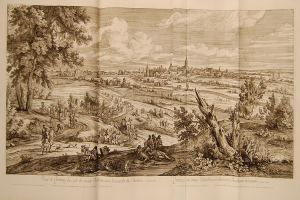 Offenes Buch mit der Aufschrift 'Ansicht der Schlacht von Castellum und Castellium aus der Illustrated London News', das eine Schlachtenszene mit Menschen, Bäumen, Pflanzen, Gebäuden und Wolken zeigt.