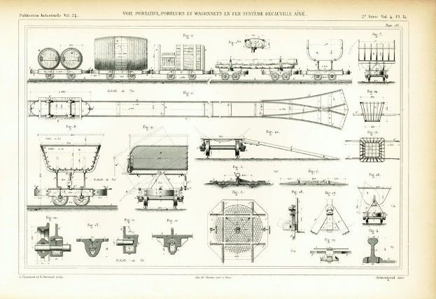 Ein altes Buch mit einer detaillierten Zeichnung eines Zuges, einschließlich seiner Räder, Kabinen und anderer Komponenten, begleitet von beschreibendem Text.