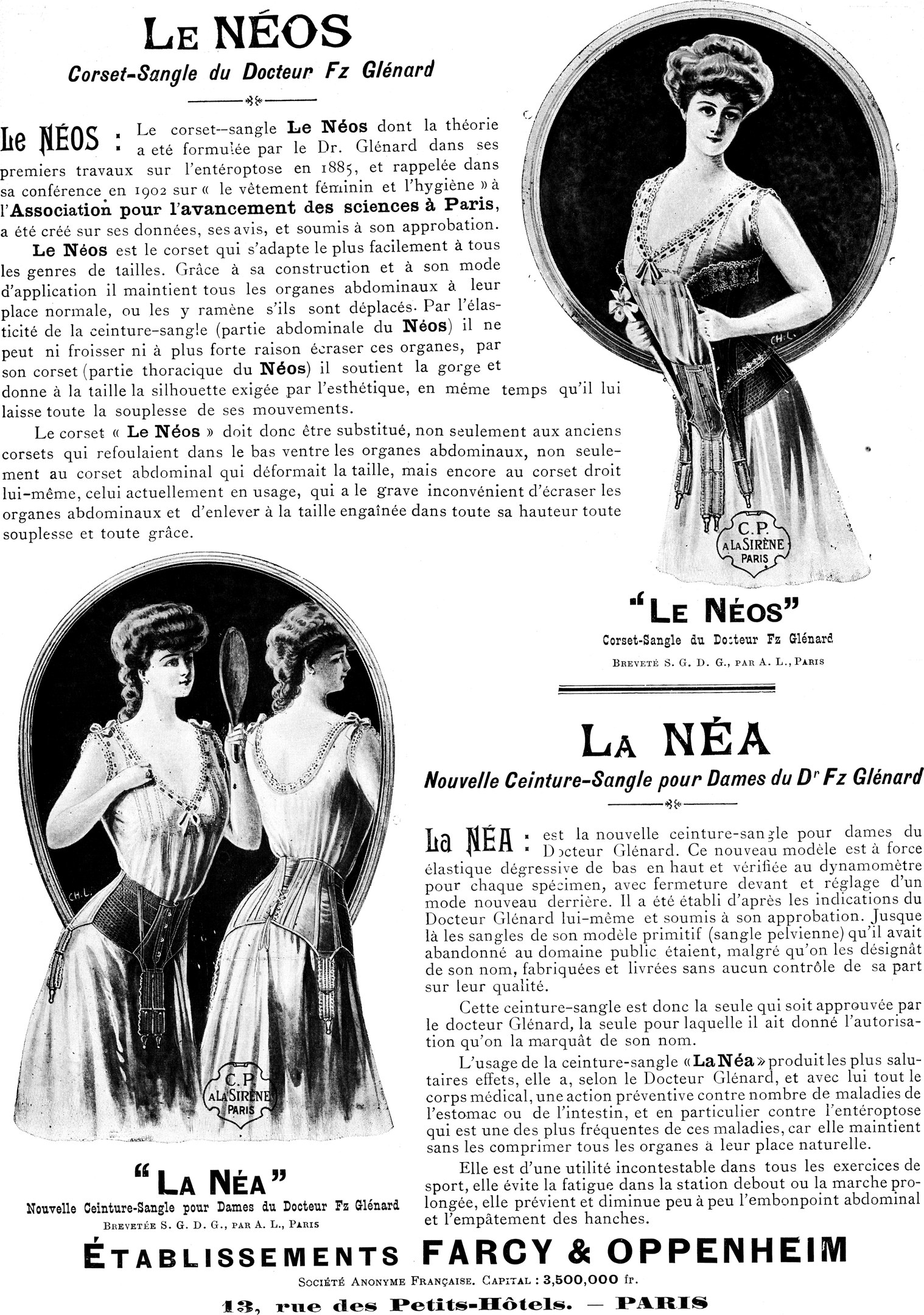 Werbung von den 1920er Jahren für ein Frauenkleid, das eine zentrale Figur in einem langen, hochgeschlossenen Kleid mit langen Ärmeln und einem Dutt zeigt, Hände verschränkt, Kopf geneigt, mit fetter schwarzer Schrift 'Le Neos.'