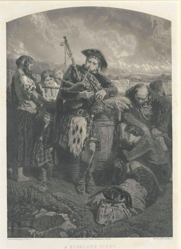 Schwarze und weiße Gravur eines Mannes, der vor einer Gruppe von Menschen eine Dudelsackpfeife spielt, mit einem bewölkten Himmel im Hintergrund, mit der Beschriftung "Ein Highland-Pfeifer" unten.