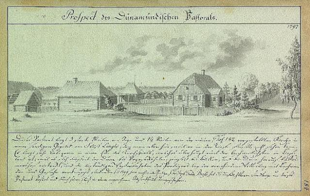 Schwarz-weiß-Illustration einer deutschen Landwirtschaftslandschaft von 1897 mit Gebäuden, Häusern, Bäumen und Himmel, gedruckt auf altem Papier mit der Beschriftung "1897 Deutsche Landschaft mit Landwirtschaftsgebäuden".