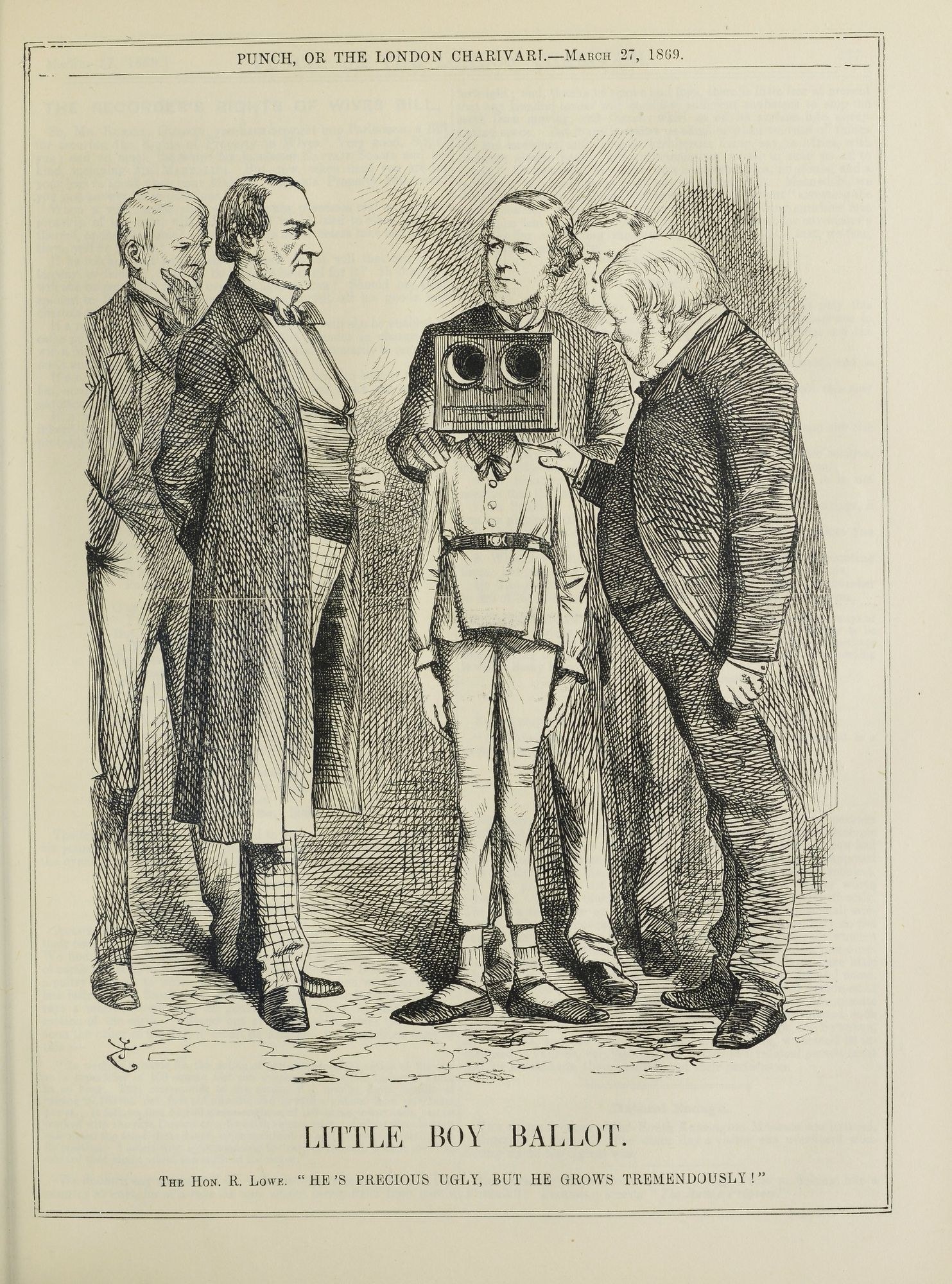 Eine Zeichnung eines kleinen Jungen mit einer Kamera, umgeben von einer Gruppe von Menschen, mit dem Text "Little Boy Ballot" unten.