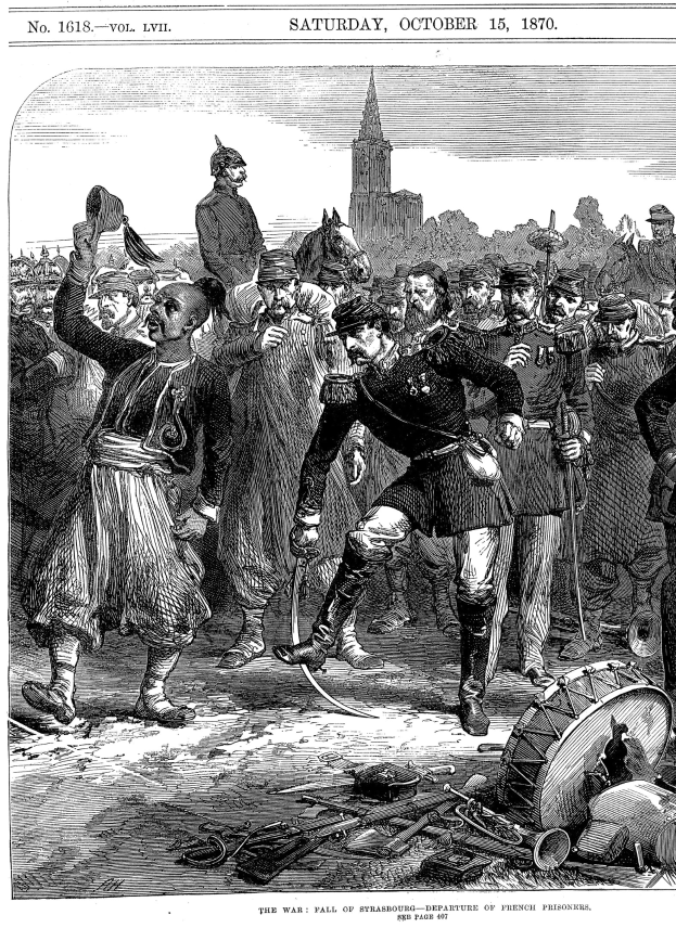 Schwarz-weiß-Zeichnung von Menschen in Not vor einem hohen, imposanten Gebäude während des Sachsen-Anhalt-Krieges am 15. Oktober 1870, mit einer untergehenden Sonne, die ein orangefarbenes Leuchten wirft.