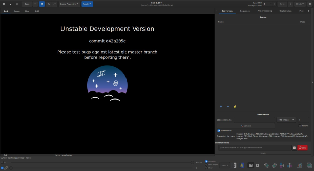 Bildschirmfoto eines Computermonitors, das den Text "instabile Entwicklungsversion" in fetter weißer Schrift auf schwarzem Hintergrund anzeigt, wobei "unaufhaltsame Entwicklung" in hellblau hervorgehoben ist, zusammen mit Icons wie einer Suchleiste, einem Dropdown-Menü und einer Fortschrittsleiste.