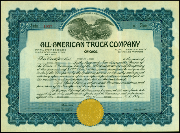 Ein Aktienzertifikat einer US-amerikanischen Lkw-Firma mit schwarzem Rand und goldenem Siegel in der Mitte.