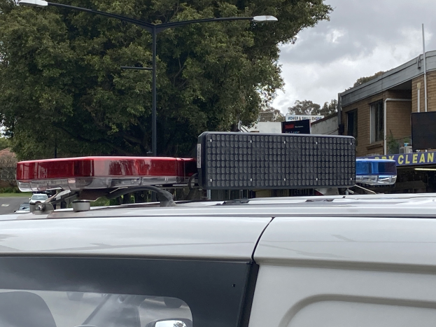 Polizeiauto mit Blaulicht auf einer Straße neben einer Schule geparkt, umgeben von Gebäuden, Bäumen, Strommasten und Texttafeln, unter einem bewölkten Himmel.