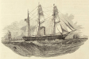 Eine Gravur eines Segelschiffs, das auf dem Meer segelt, mit geblähten Segeln und einem glänzenden Rumpf, anderen Schiffen im Hintergrund und Text unten.