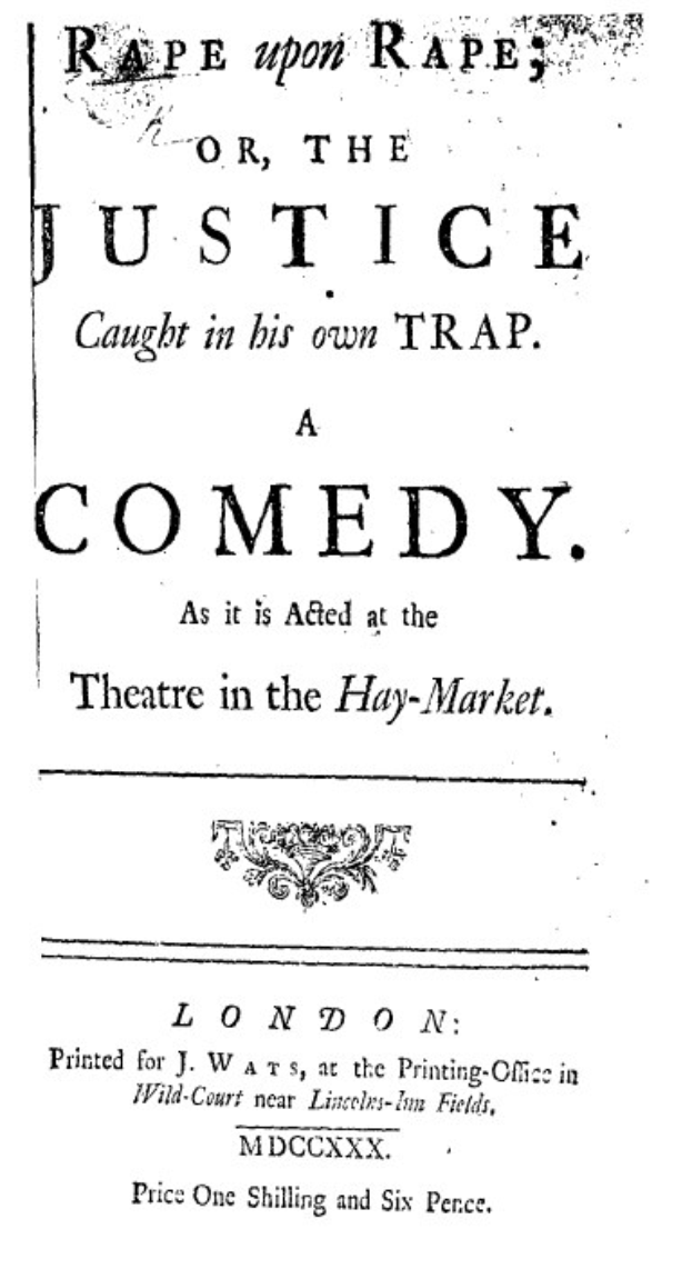 Schwarzes und weißes Plakat, das eine Komödie mit dem Titel 'Vergewaltigung auf Vergewaltigung oder die Gerechtigkeit, die in ihrer eigenen Falle gefangen ist' in fetter schwarzer Schrift ankündigt.