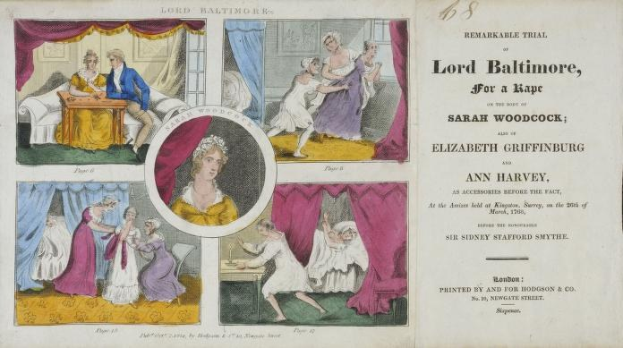 Ein historisches Dokument, das einen Prozess von Lord Baltimore wegen angeblicher Vergewaltigung zeigt, mit Abbildungen von Menschen, Vorhängen und Text.