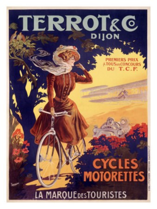 Ein Plakat, das eine Fahrradtour in Frankreich ankündigt, zeigt eine Frau, die ein Fahrrad fährt, umgeben von Bäumen, Blumen und anderen Radfahrern, mit Text zur Beschreibung der Tour.