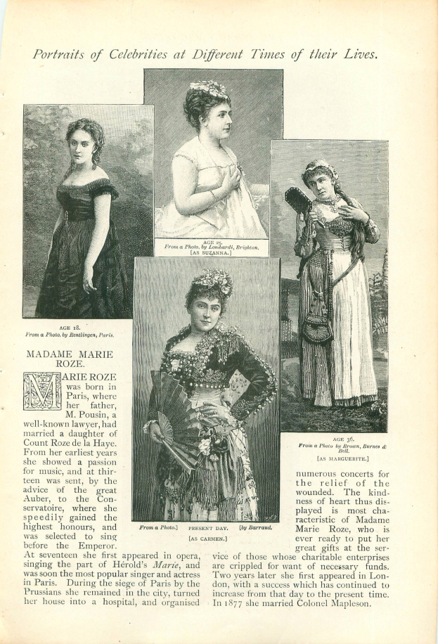 Ein altes Buch mit dem Titel "Porträts von Prominenten zu verschiedenen Zeiten ihres Lebens", das eine Illustration einer Frau in einem hochgeschlossenen, langärmeligen Kleid mit einem Dutt zeigt.