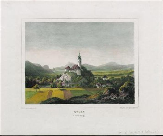 Ein Bild einer Kirche in einem Feld umgeben von Bäumen, Pflanzen, Gras und Hügeln, mit einem Himmel im Hintergrund, gerahmt und beschriftet mit "Bayerische Kirche des Heiligen Grabes".