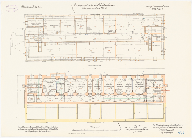 Schwarz-weißer architektonischer Grundriss eines großen Gebäudes mit vielen Räumen, der als ursprünglicher Stadtplatz-Plan in Dresden, Deutschland, gilt, mit detaillierten Layouts und Textanmerkungen.