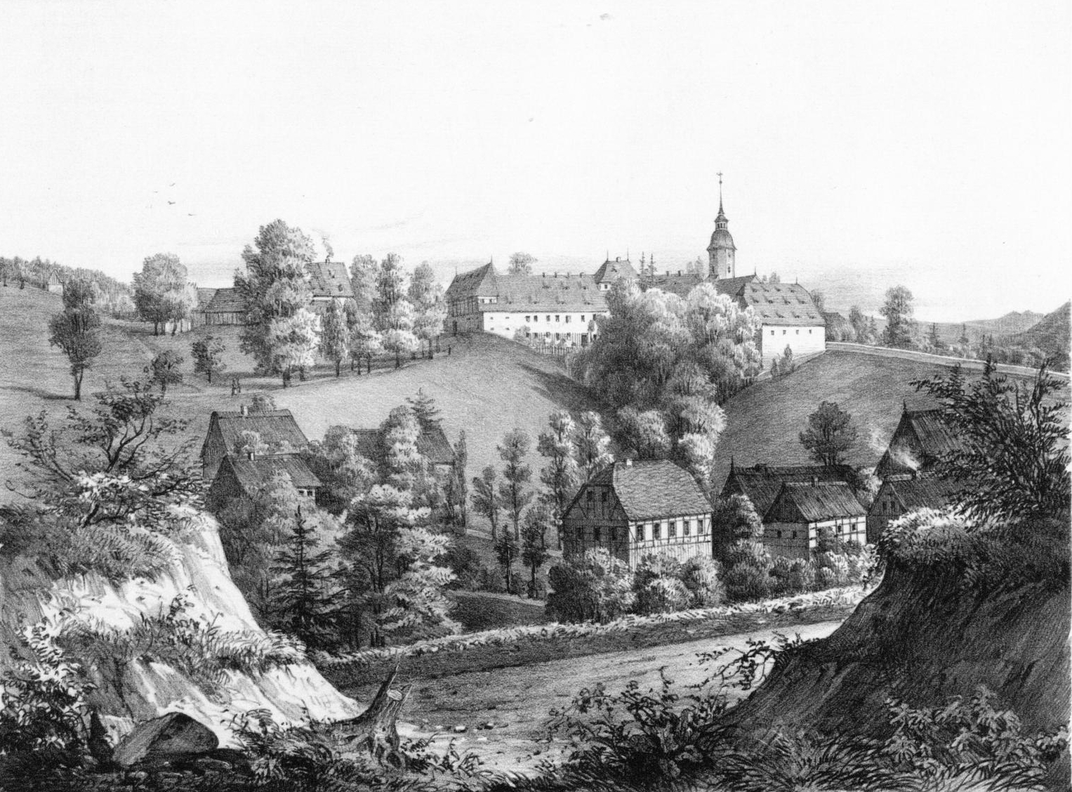 Eine Schwarz-Wei├č-Zeichnung einer kleinen Stadt, die auf einem H├╝gel umgeben von B├Ąumen, Pflanzen und Gras liegt, mit dem Text "Bavaria, Germany from the illustrated london news" unten.