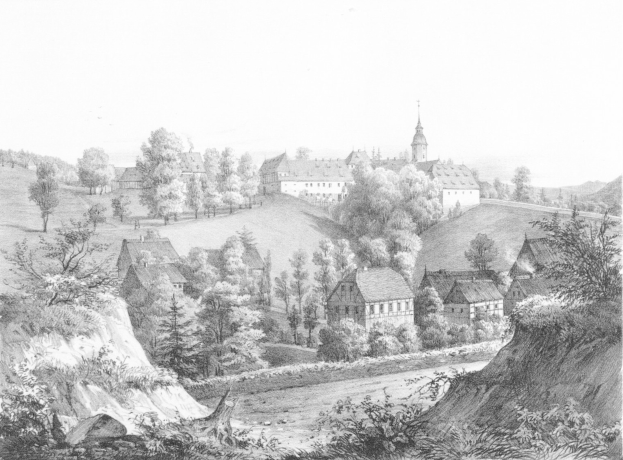 Eine Schwarz-Wei├č-Zeichnung einer kleinen Stadt, die auf einem H├╝gel umgeben von B├Ąumen, Pflanzen und Gras liegt, mit dem Text "Bavaria, Germany from the illustrated london news" unten.