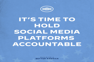 Ein Plakat mit fetter schwarzer Schrift auf einem weißen Hintergrund, das "Es ist an der Zeit, Social-Media-Plattformen zur Rechenschaft zu ziehen" lautet, eingerahmt von einem schmalen schwarzen Rand.