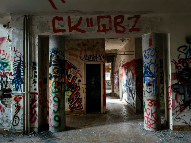 Verlassenes Gebäude mit Graffiti-verschmierten Wänden, sichtbarer Boden, freiliegende Rohre und eine Tür im Hintergrund, die urbane Verwahrlosung darstellend.