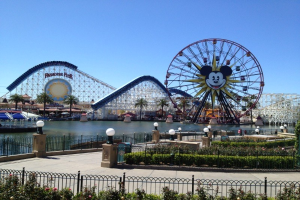 Disneylands California Adventure Vergnügungspark mit einem Riesenrad und einer Achterbahn, umgeben von Grünflächen, Laternenmasten, einem Gewässer im Vordergrund und einem hellblauen Himmel.