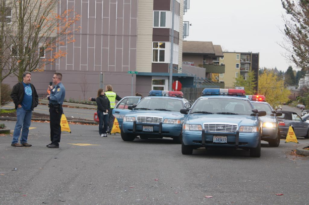 Autos auf einer Straße mit vier Menschen in der Nähe, Gebäude mit Fenstern im Hintergrund, Bäume und Notwarndreiecke.