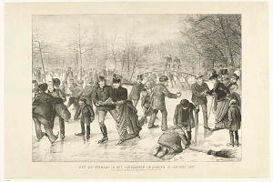 Eine Gruppe von Menschen, die auf einer Eisbahn in einem Park Schlittschuh laufen, mit Bäumen und einer Brücke im Hintergrund und Text unten, der "Het us-vermaak in het vondelpark op zondag 10 januari 1887" lautet.