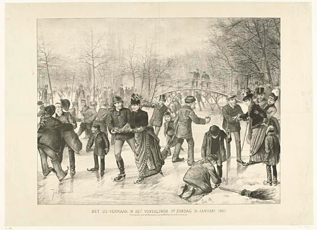 Eine Gruppe von Menschen, die auf einer Eisbahn in einem Park Schlittschuh laufen, mit Bäumen und einer Brücke im Hintergrund und Text unten, der "Het us-vermaak in het vondelpark op zondag 10 januari 1887" lautet.