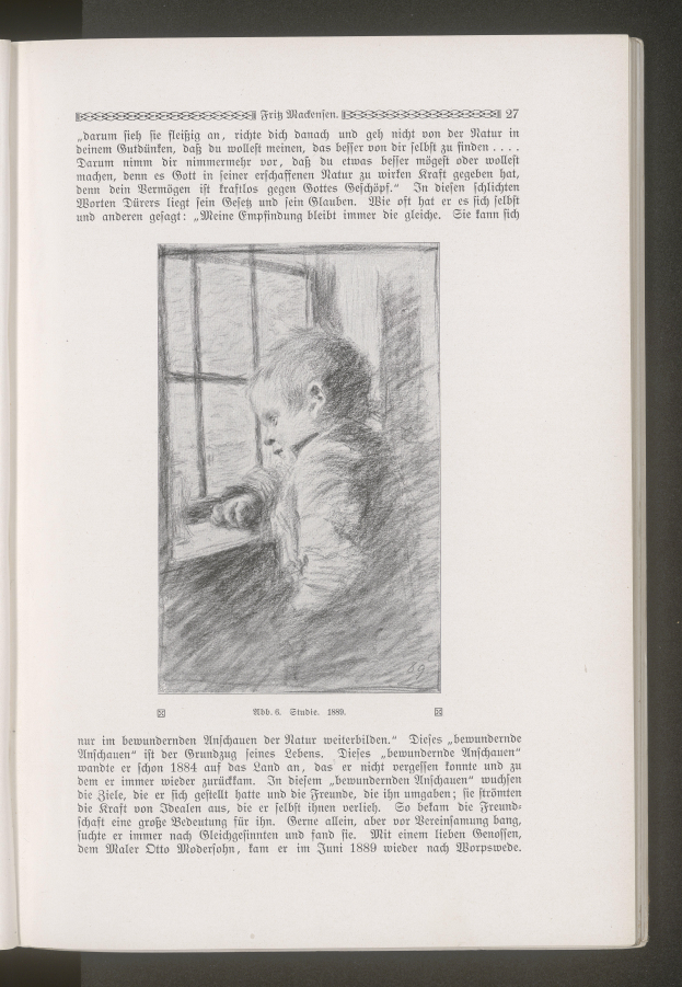 Offenes Buch auf einer flachen Oberfläche mit einer Zeichnung eines Kindes, das aus einem Fenster schaut, und begleitendem Text.