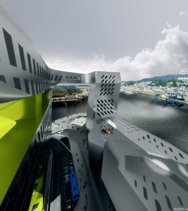 Ein Architekturgebäude mit einer Straße, Fahrzeugen, Gruppen von Menschen, einem fließenden Fluss, einer Brücke, Hintergrundgebäuden und Bäumen, Wolken am Himmel und einem Wasserzeichen in der unteren rechten Ecke.