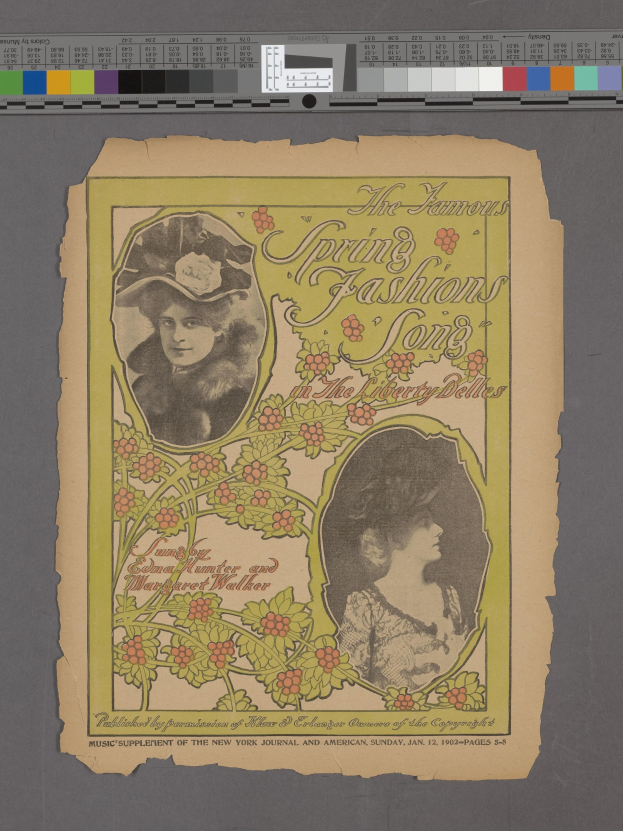 Papier mit zwei Frauen-Mode-Illustrationen, betitelt mit "The Famous Spring Fashions Song", mit Farbskalen oben.