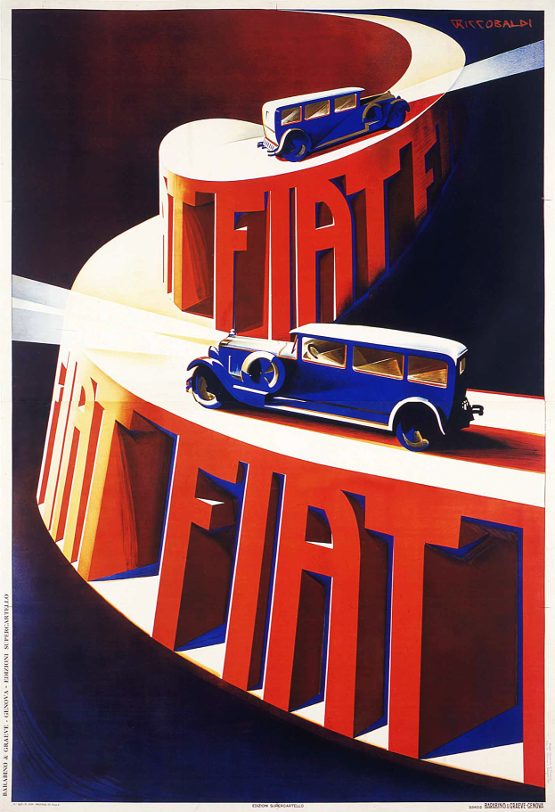 Ein Plakat, das Fiat-Autos bewirbt und zwei Autos zeigt, eines blau und eines rot, mit Text darauf.