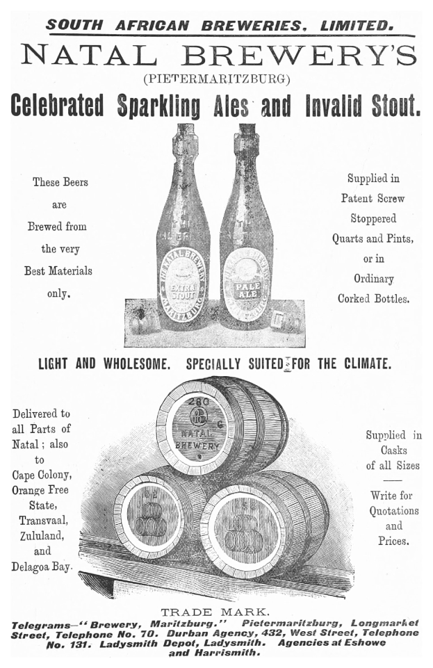 Werbung für Natal Brauerei's prickelnden Ale und Invalidenstout, zeigt Text und Bilder von Flaschen und Fässern.