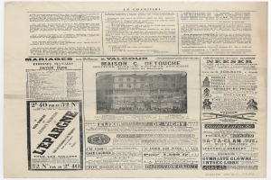 Alte Zeitungsausschnitt mit einem Gebäude, umgeben von Text und Bildern, das eine belebte Stadtkulisse zeigt.