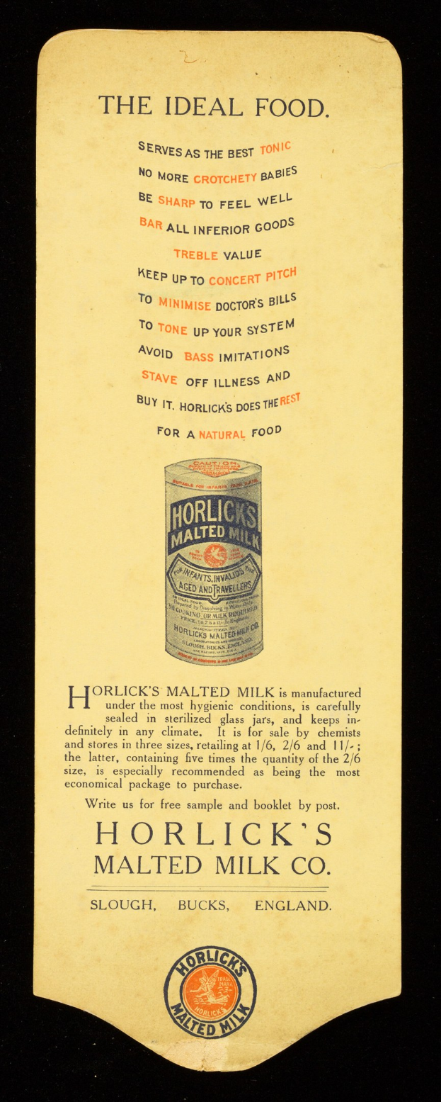 Schwarze und weiße Anzeige für Horlicks Malted Milk Co. auf altem Papier mit Textbeschreibung des Produkts.