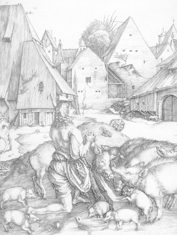 Eine 17. Jahrhundert Schwarz-Weiß-Radierung von Albrecht Dürer, die einen Mann bei der Fütterung von Schweinen in einem Dorf zeigt, mit Häusern, Bäumen und einem Wagen im Hintergrund.