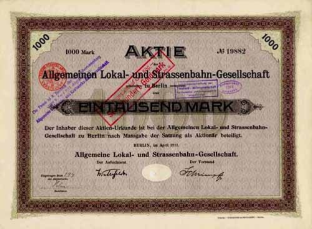 Altes deutsches, vom Staat ausgegebenes Aktienzertifikat mit gedrucktem Text und numerischen Details.