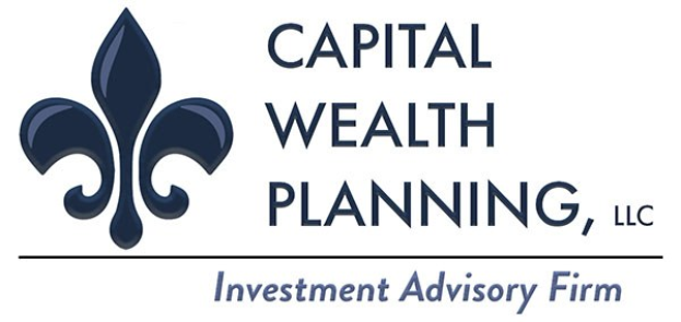 Logo der Capital Wealth Planning, LLC, einer Investmentberatungsfirma, bestehend aus einem blauen Kreis mit weißer Umrandung und einem weißen 'C' in der Mitte, umgeben von einem weißen Ring mit dem Firmennamen in Blau und 'Investment Advisory Firm' in Weiß darunter.