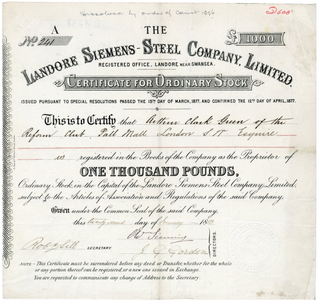 Ein Papierzertifikat für Inhaberaktien der Landore Siemens Steel Company Limited, das den Namen, die Adresse und weitere Details der Gesellschaft zeigt.