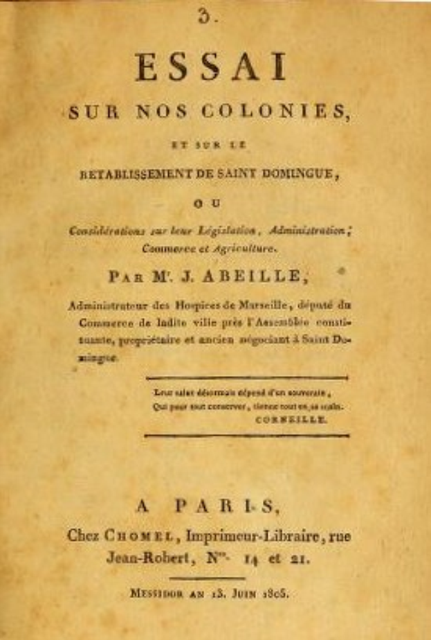 Titelbild eines alten Buches namens "Essai sur nos Colonies, et sur le Betablissement de Saint Dominique", das die französische Kolonialgeschichte und Saint-Domingue diskutiert.