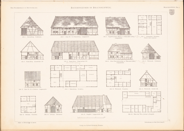 Ein offenes altes Buch mit Architekturhausplänen und -entwürfen mit begleitendem Text.