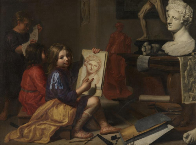 Ein Gemälde mit dem Titel 'Das Künstleratelier' von Giovanni Battista Tiepolo, das eine Gruppe von Kindern in einem Raum zeigt, wobei eines ein Foto hält, rechts eine Statue, verschiedene Objekte auf einem Tisch und Skulpturen und ein Rahmen im Hintergrund.