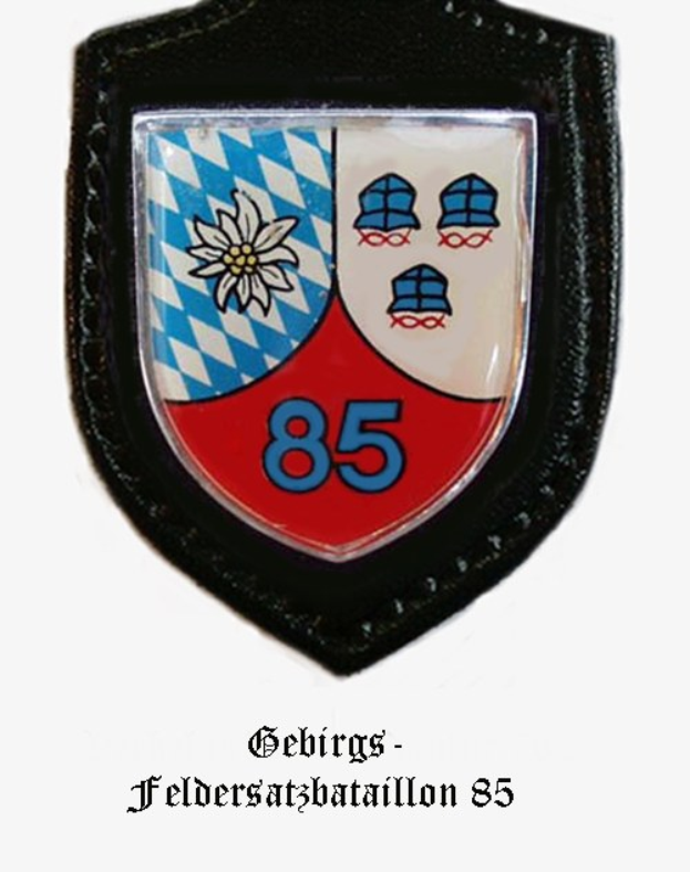 Ein rundes Abzeichen mit der Nummer 85 und deutschem Text unten, das die bayerische Fußballmannschaft repräsentiert.