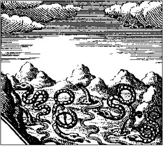 Schwarze und weiße Zeichnung einer Gebirgslandschaft mit einem gewundenen Fluss, umgeben von Hügeln und Wolken, beschriftet mit "Keltische Mythologie" unten.